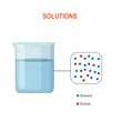 Vector scientific illustration of a solution isolated on white background. Dissolving solid particles or ions in a liquid, chemistry. Beaker or container with solute in a solvent.