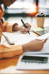 Wall Mural - Young ethnic businesswoman writing business plan sitting at her desk office.