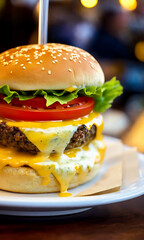 Wall Mural - Delicious Beef Cheese Burger consists of Bun Bread, Patty, Pickle, Onion, Mayonaisse, Ketchup, Cheddar Cheese and lettuce in Modern Fast Food Restaurant Menu, Created with generative ai