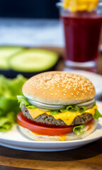 Wall Mural - Delicious Beef Cheese Burger consists of Bun Bread, Patty, Pickle, Onion, Mayonaisse, Ketchup, Cheddar Cheese and lettuce in Modern Fast Food Restaurant Menu, Created with generative ai