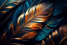 Abstract Background With Feather Pattern, Gradients And Texture, Digital Painting In Blue, Green And Gold Colours. Generative AI