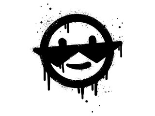 Wall Mural - Smiling face emoticon character with sunglasses. Spray painted graffiti smile face in black over white. isolated on white background. vector illustration