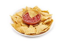 Grain Crisp Tortilla Nacho Chips And Sauce Isolated On White Background. Fried Tortilla Nacho Chips Isolated On White Background. Baked Tortilla Chips Isolated On White Background. Nacho