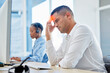© Phindulo T/peopleimages.com - Customer service consulting, headache pain and man telemarketing on contact us CRM or telecom microphone. Call center migraine, web ecommerce and information technology consultant with medical crisis