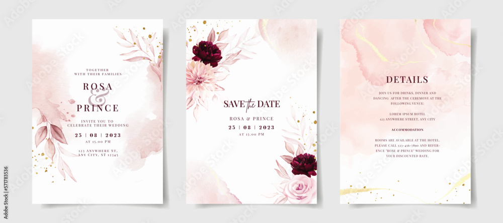Set of watercolor wedding invitation card template with pink and ...