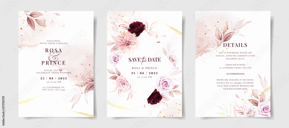 Set of watercolor wedding invitation card template with pink and ...