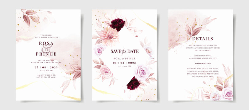 set of watercolor wedding invitation card template with pink and burgundy floral and leaves decorati