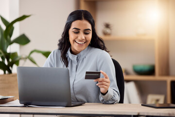 Aufkleber - Credit card, laptop and happy woman for online shopping, e commerce and payment on fintech in her office. Employee, indian person or worker on computer for internet banking, online investment or sale