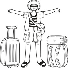 Canvas Print - Hand Drawn Male tourist with travel bag illustration in doodle style