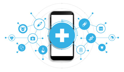 Healthcare and medicine technology with mobile or smartphone. phone screen with medical specialist and icons healthcare, cardiogram. medical video consultation with doctor through phone app. vector.