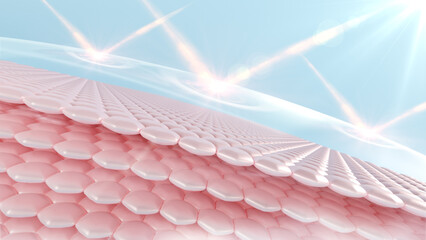 Poster - 3D rendering of a UV-protected skin cell. Reflecting ultraviolet protection is ultraviolet. advertisements for cosmetics, sunscreen, lotion, and serum. UVA and UVB protection