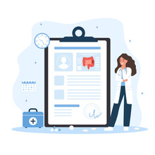 Proctologist Concept. Female Doctor Make Diagnosis And Choose Treatment Methods. Woman In Lab Coat Analysis Intestine. Prevention Of Cancer. Vector Illustration In Flat Cartoon Style. Colon Diseases.