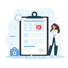 Proctologist concept. Female doctor make diagnosis and choose treatment methods. Woman in lab coat analysis intestine. Prevention of cancer. Vector illustration in flat cartoon style. Colon diseases.