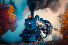 Illustration Of Old-time Steam Engine Middle Of Autumn Forest, AI-generated Image.	