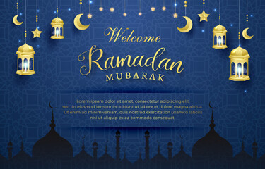 Wall Mural - welcome ramadan mubarak with beautiful illustration shiny luxury islamic ornament and abstract gradient blue background design