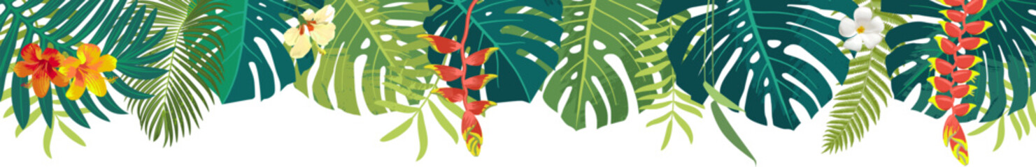 Vector Hawaiian Balinese rainforest summer lush jungle exotic leaves square banner upper border. Aloha summer monstera wedding greeting card, invitation design. Exotic tropical plants postcard