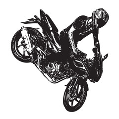 Wall Mural - Silhouette of young boy doing bike stunt, Black and white illustraiton of motorcycle rider performing trick, Motocross Trail Bike Racing Stunt