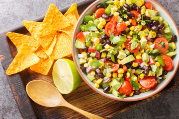 Homemade Texas Caviar Bean Dip with Chips closeup in the bowl on the wooden board. Horizontal top view from above