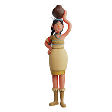 3D Cartoon Charming Indian Girl With A Pitcher On Her Head, 3D Illustration Of Indian Girl Carrying A Pitcher, 3D Cartoon Indian Girl Having A Pitcher