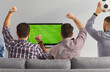 Men watching live football match on TV at home. Excited male friends sitting on comfortable sofa, watching interesting soccer championship, cheering, shouting, and supporting favorite team, rear view