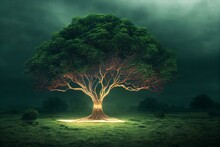 Glowing Tree Of Life. Yggdrasil Tree, Giant Tree. Adam And Eve. Garden Of Eden. Mythological Tree. Dramatic Sky. Horror Landscape. Mist And Stormy Weather. Dray Branches. Generative AI