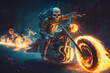 Fire skeleton rider on motorcycle, scary ghost biker riding at night, generative AI