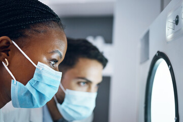 Aufkleber - Science, researchers and incubator for experiment, healthcare and medical breakthrough in laboratory. Scientist, glass and employees with masks, innovation and test sample storage for data analysis