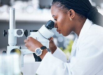 microscope, black woman and medical science in laboratory for research, analytics and medicine. woma
