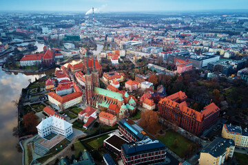 Wall Mural - Tumski island and Cathedral of St John the Baptist in Wroclaw, Aerial view of old town with historical architecture in Wroclaw city, Poland