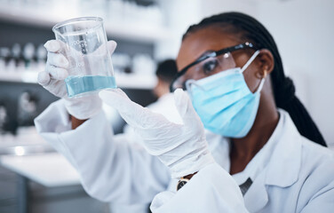 Aufkleber - Science, covid and liquid with a black woman doctor working in a laboratory for research or innovation. Medical, analytics and development with a female scientist at work in a lab for chemistry