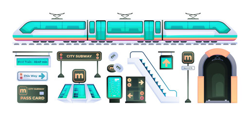 Wall Mural - City metro element. Subway railway transport infrastructure, urban underground transportation system, wagon platform escalator turnstile. Vector set. Speed train, signboard, map for navigation