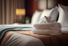 Fresh Towels On Bed In Hotel Room Created With AI