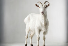 A White Goat In A Portrait Pose, Standing Alone Against A White Backdrop