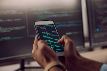 Aufkleber - Coding, smartphone in hands and man, programmer and computer software update, information technology and code. Cybersecurity, ux and network with wifi, web design and cyber space with cpu programming