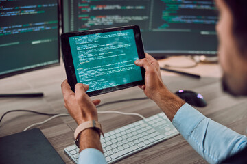 Leinwandbilder - Coding, computer and tablet in hands with man, programmer and software update, IT and code at desk. Cybersecurity, ux and network with wifi, web design and cyber space with tech and cpu programming