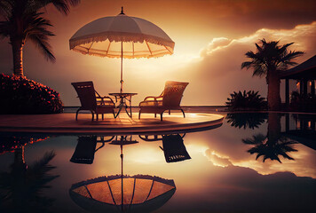 Wall Mural - Beach chairs and umbrella near pool in tropical paradise created with AI	
