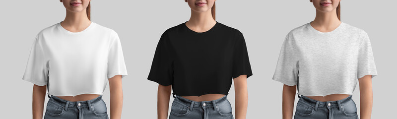 Wall Mural - Mockup of white, black, heather crop top on beautiful girl in jeans, fashion clothes for design, print, front. Set