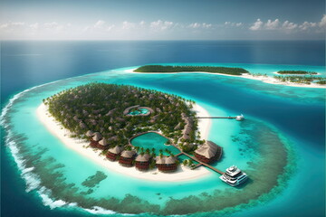 Canvas Print - maldives luxury resort, beautiful sea, hotel, blue sky, top view, Made by AI,Artificial intelligence