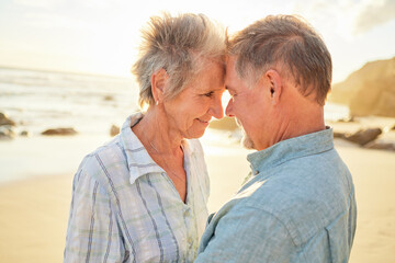 Canvas Print - Beach, senior couple and love of people with care, smile and marriage by the ocean. Retirement, summer holiday and sea vacation of a man and woman together feeling love and support in nature on sand