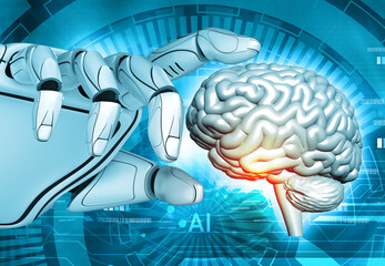 Poster - Robot hand with human brain.Artificial intelligence concept. 3d illustration.