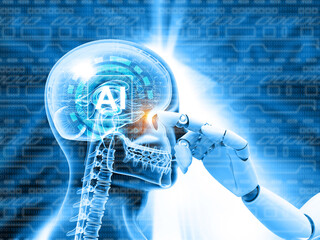 Poster - Robot hand with human brain. Artificial intelligence concept. 3d illustration.