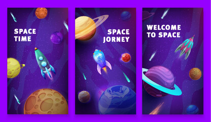 Poster - Cartoon space posters, starships in starry galaxy