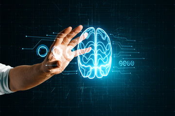 Poster - Close up of male hand holding glowing brain hologram on blurry dark circuit background. Artificial intelligence and machine learning concept.