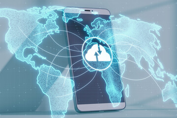 Aufkleber - Close up of mobile phone on desk with glowing cloud computing map hologram on blurry background. Digital database and server concept.