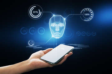 Poster - AI system in hologram human head with HUD display elements. Artificial Intelligence for VR with tech shapes HUD, GUI, UI. Biometric technology, face recognition systems. Hand holding cellphone.
