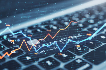 Fototapete - Close up of laptop keyboard with glowing business chart on blurry background. Stock, growth and financial graph concept. Double exposure.