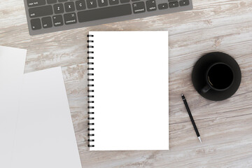 Aufkleber - Top view of wooden desktop with empty white copybook, pen and coffee cup. Workspace concept. 3D Rendering.