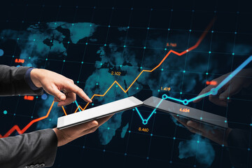 Aufkleber - Close up of male hand pointing at cellphone with glowing business chart and map on dark background. Stock, global growth and financial graph concept. Double exposure.