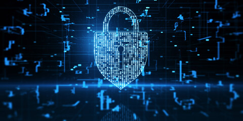 Poster - Cyber security technology concept with front view on digital glowing pad lock with keyhole on transparent surface on abstract dark technological background. 3D rendering
