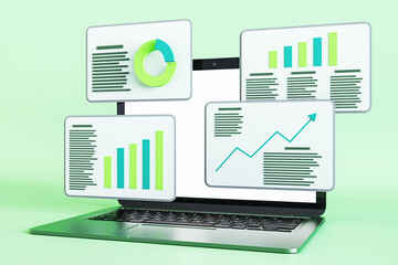 Poster - Laptop computer on green background with various business charts. Analytics and trend concept. 3D Rendering.